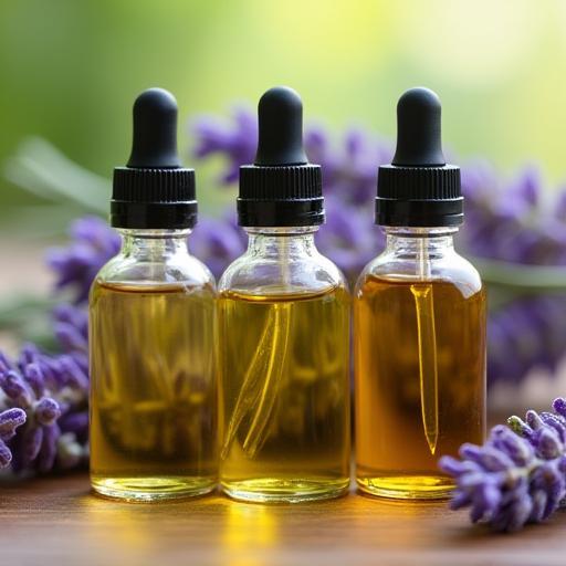 Mistura de óleos essenciais com ramos de lavanda ao fundo